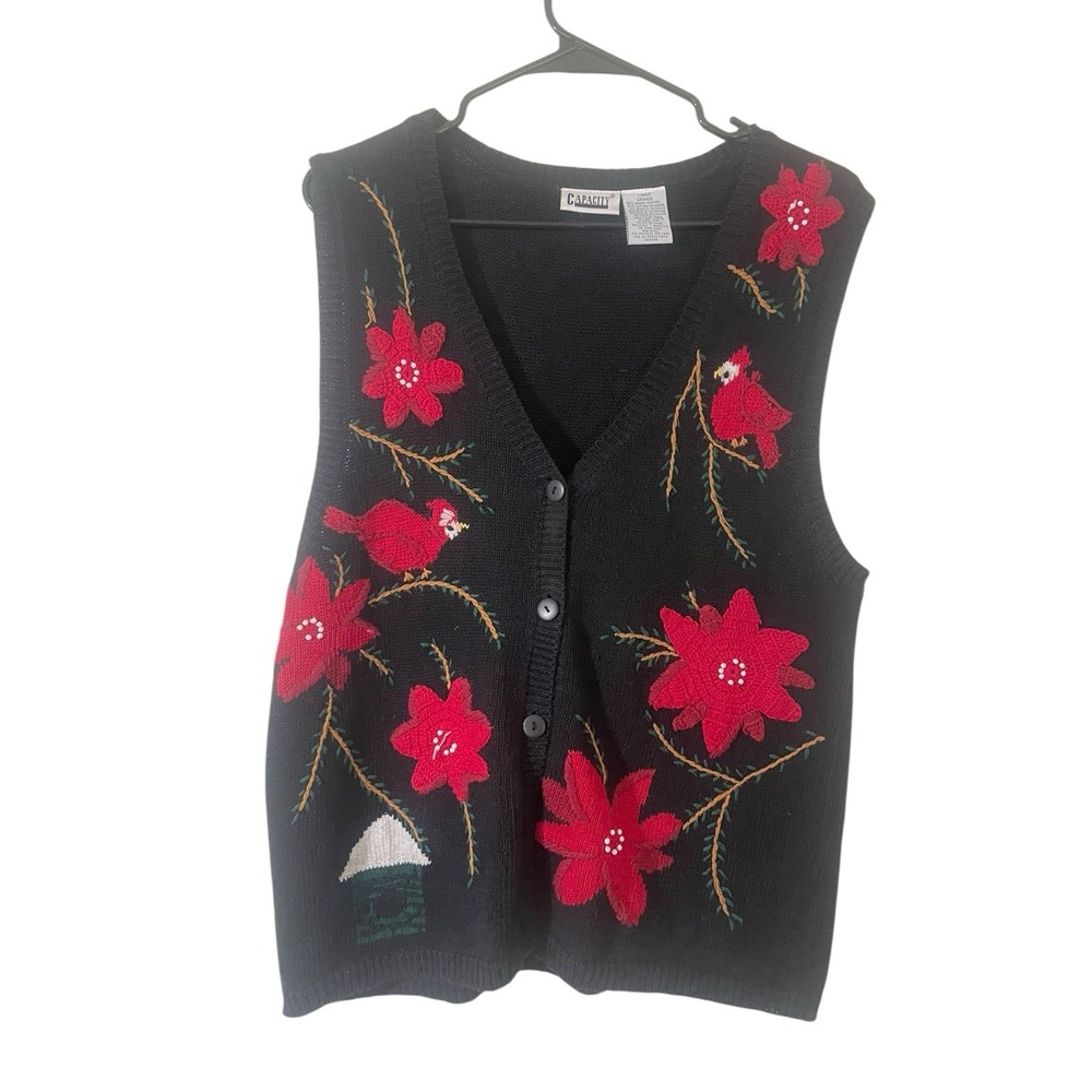 Vintage 3D Knit‎ Embellished Holiday Sweater Vest Cardinals Cottage Beads
